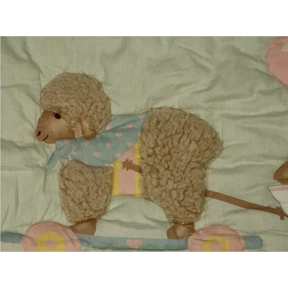 VTG Daisy Kingdom Teddy Bear & Plush Lamb Baby Blanket Ruffled Quilt 42